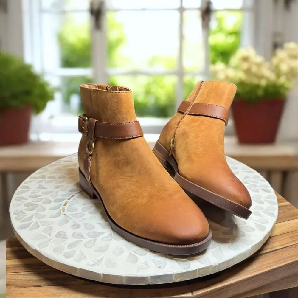 Vionic $190 Rhiannon Equestrian Ankle Boots Cognac Nubuck Leather Buckle Detail